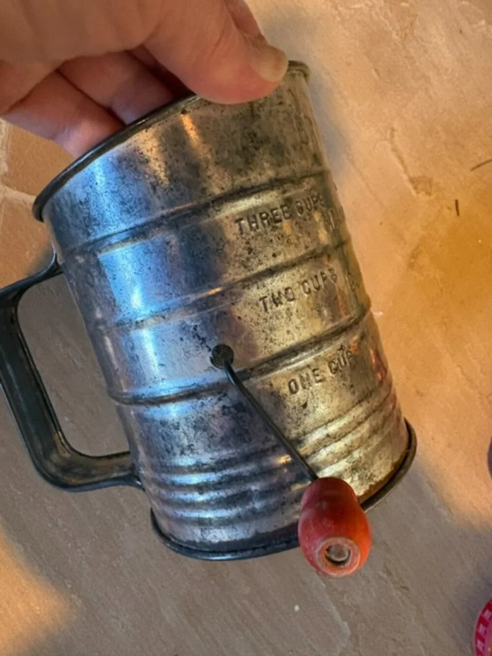 Antique Bromwell's Measuring Cup Flour Sifter Red Handle Farmhouse Rustic Decor